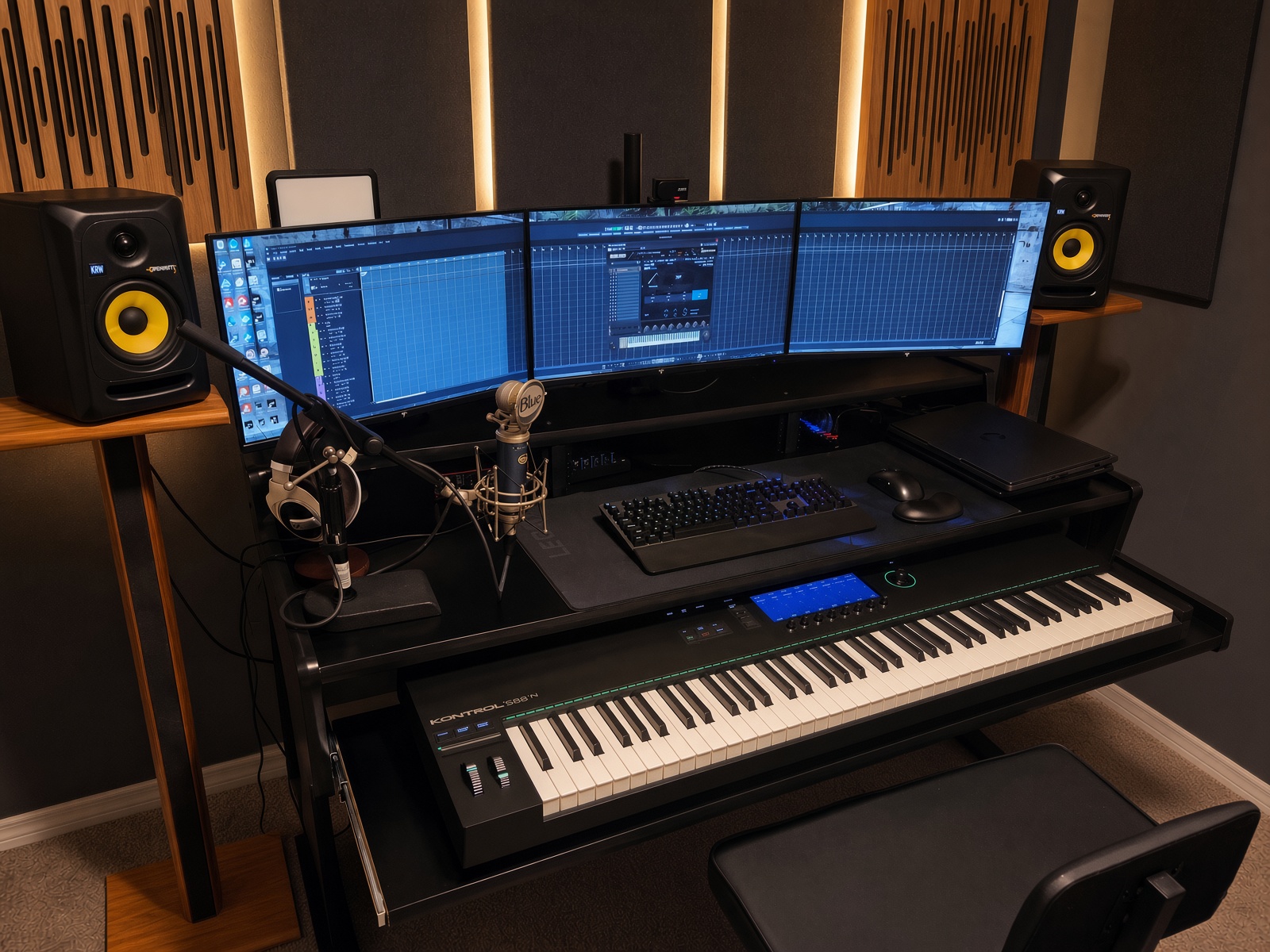 Glygar studio desk with keyboard, microphone, and workstations